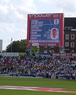 The screen display at The Oval as Flintoff comes to the wicket for his penultimate Test innings Freddie's final test.jpg