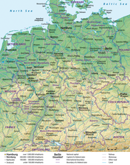 Image 19Geography of GermanyMap credit: Lencer and NordNordWestA general map, showing the geography of Germany, the seventh largest country in Europe and the second most populous. Located in Central Europe, Germany is second only to Russia in the number of borders it shares with other European countries (9).