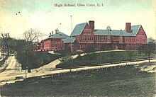 Glen Cove Union School, with the primary school behind and to the left of it, in the early 20th century. These buildings were replaced on the same site with the current Robert M. Finley Middle School and Deasy Elementary School, respectively. Glen Cove Union School 3.jpg