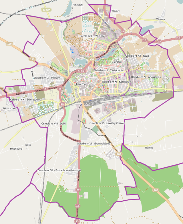 Mapa konturowa Gniezna, blisko centrum u góry znajduje się punkt z opisem „Kościół św. Jana Chrzciciela”