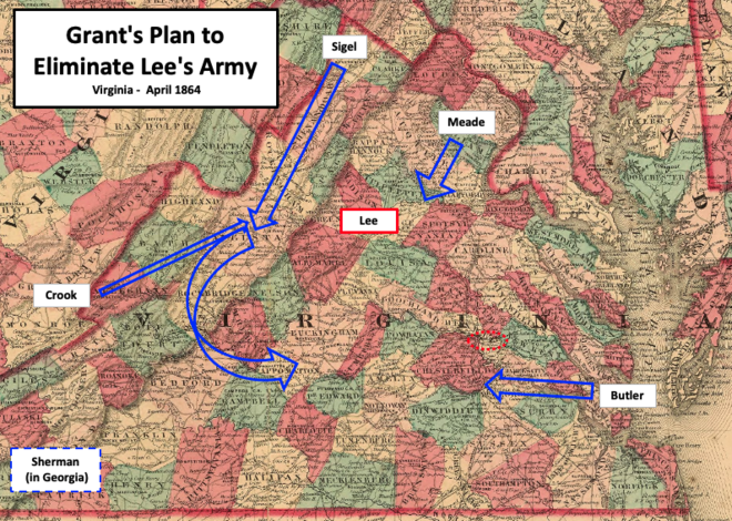 Grant planned to surround Lee's army and cut off its sources of supplies