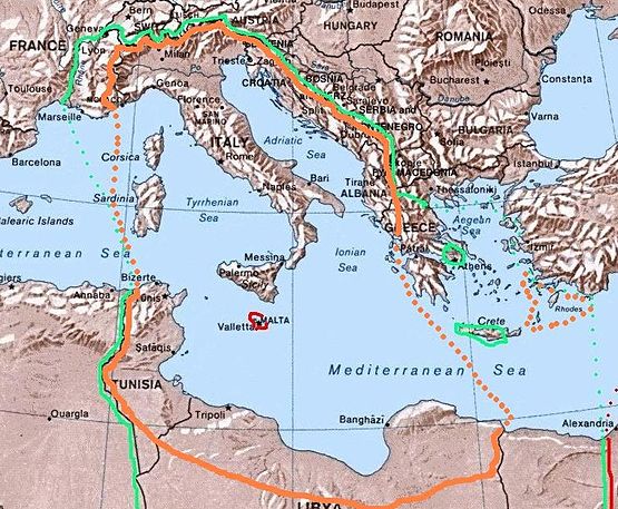 The Fourth Shore (in orange color in northern Libya), the southern part of Greater Italy, an Italian Fascist project to expand Italy's borders. GreaterItalia.jpg