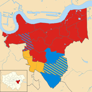 Map of the results of the 2002 Greenwich council election. Conservatives in blue, Labour in red and Liberal Democrats in yellow. Greenwich London UK local election 2002 map.svg