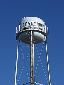 Inspection of the interior of a municipal water tower requires specialized training and safety equipment. Harveysburg Water tower.jpg