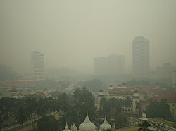 The 2005 Malaysian haze over Kuala Lumpur. Haze is one of the most serious environmental issues in Malaysia. Haze in Kuala Lumpur.jpg