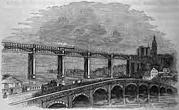 Il vecchio Stone Bridge, demolito nel 1866 e sostituito dall'attuale Swing Bridge, e l'High Level Bridge progettato da Robert Stephenson in un'illustrazione del 1861.