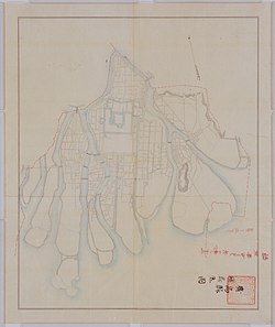 1880年の広島市地図。中央すぐ左下が本川と元安川の分岐であり、そこから3つ目の橋が新橋。