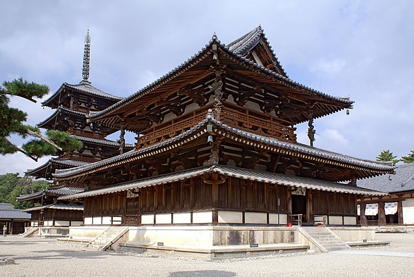 Kon-dō and five-storied pagoda at Hōryū-ji, two of the world's oldest wooden structures, dating to around 700