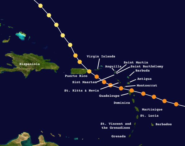 Hugo's path in the Caribbean