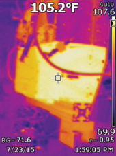 Infrared image showing heating of the heat sink IR imagery of RF amplifier and heat sink.png