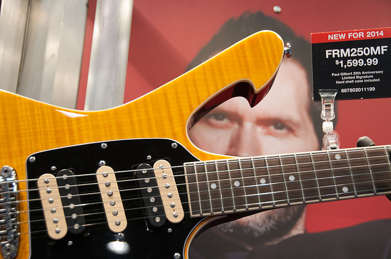 File:Ibanez Fireman FRM250MF Paul Gilbert Signature 25th Anniversary model details - 2014 NAMM Show.jpg