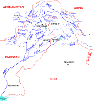 Mapa com os principais afluentes do rio Indo