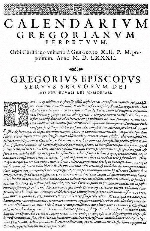Førstesiden av pavens bulle, Inter Gravissimas, som beskriver pave Gregor XIIIs kalender-reform.