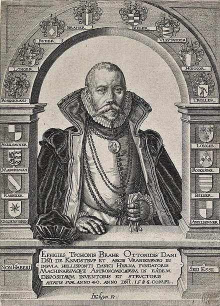 Tycho Brahe framed by the family shields of his noble ancestors, in a 1586 portrait by Jacques de Gheyn