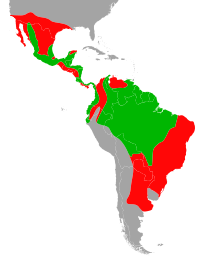 Distribución del jaguar. En rojo las zonas en donde ha sido extirpado, en verde las zonas donde perdura.