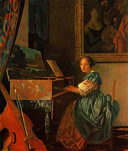 Jeune femme au virginal, par Johannes Vermeer. Au premier plan une basse de viole avec son archet. (définition réelle 2 536 × 2 986*)