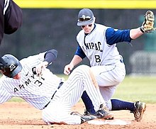 A baseball game between Quinnipiac and Army (March 2011) Joey Henshaw (31) slides safe (cropped).jpg