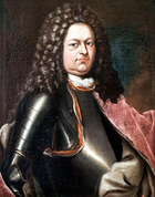 Painting of a fat man in a dark brown shoulder-length wig. He wears studio armor.