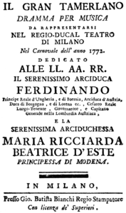 Josef Mysliveček - Il gran Tamerlano - titlepage of the libretto - Milan 1771.png
