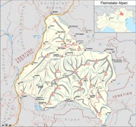A Fiemme-Alpok térképe a Lagorai-val a központban.