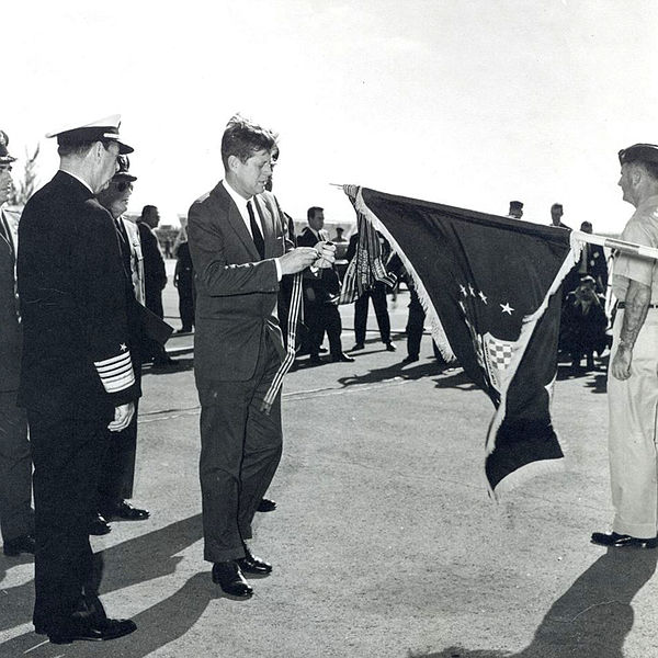 President Kennedy presents AFOUA to the 363 TRW in 1962 in recognition of the unit's actions associated with the Cuban Missile Crisis.