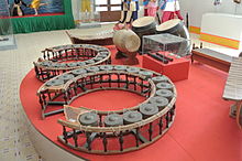 Instruments are (clockwise from front) gong chimes kong von thom and kong toch, roneat ek xylophone, samphor drum, skor thom drum, sralai toch and thom oboes in glass case, ching or chap small cymbals (also in glass case), roneat dek metal xylophone, and roneat thung bamboo xylophone (half in edge of photo). Khmer style gong.JPG