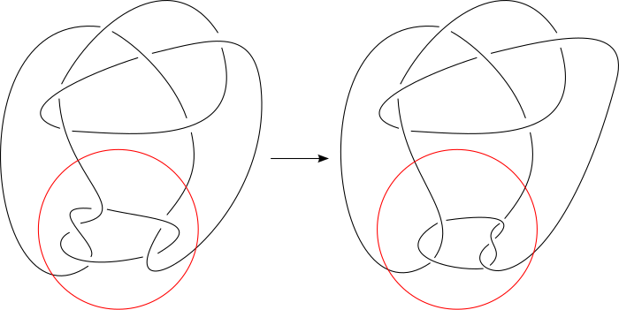 The prime Kinoshita-Terasaka knot (11n42) and the prime Conway knot (11n34) respectively, and how they are related by mutation. Knudemutation.svg