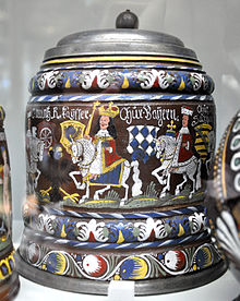 Creußen painted stoneware beer stein of 1696 from the Victoria and Albert Museum