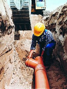 Poly(vinyl chloride) (PVC), the main end-product of vinyl chloride, is used extensively in sewage pipes due to its low cost, chemical resistance, and ease of jointing. Laying sewer hi res (2).jpg