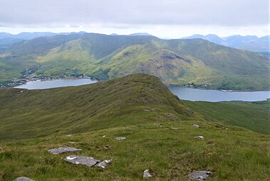 Massif of Leenaun Hill (centre), and Leenaun (left), across Killary Harbour on Ben Gorm