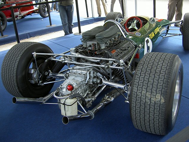 A Ford-Cosworth DFV installed in the back of a Lotus 49