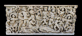 4th-century Roman sarcophagus depicting the creation of man by Prometheus, with major Roman deities Jupiter, Neptune, Mercury, Juno, Apollo, Vulcan watching. MANNapoli 6705 creation of the man sarcophagus.jpg