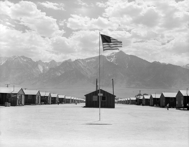 A hot windstorm at Manzanar brings dust from the surrounding desert July 3, 1942.