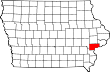 Harta statului Iowa indicând comitatul Muscatine