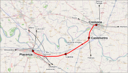 A Piacenza–Cremona-vasútvonal útvonala