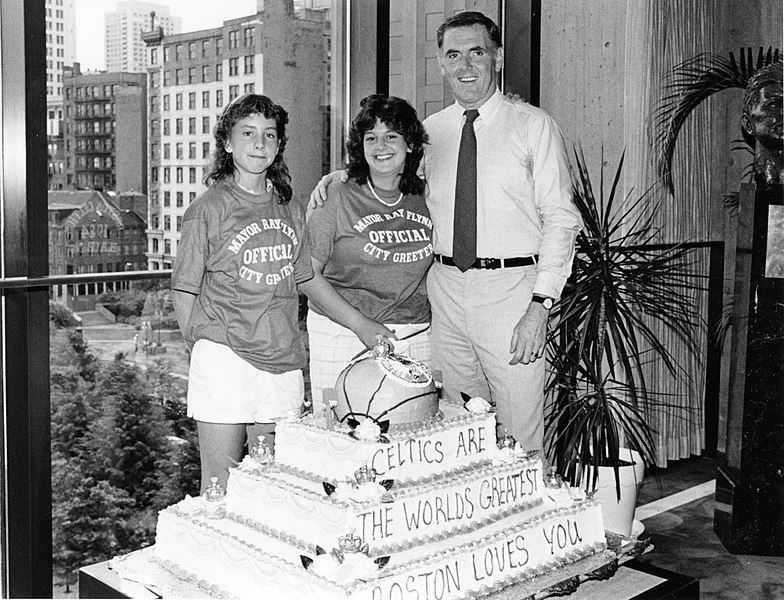 File:Mayor Raymond L. Flynn with two unidentified girls at victory celebration for Boston Celtics (9614721247).jpg