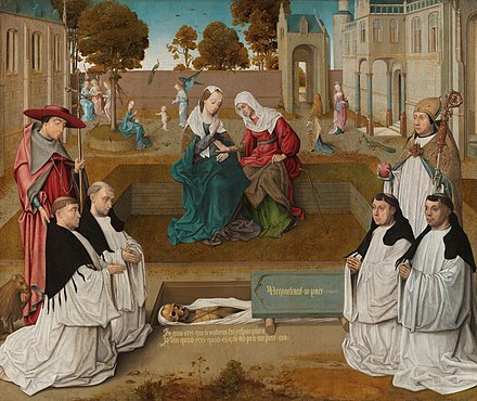 Four canons with SS Augustine and Jerome by an open grave, with the Visitation. Master of the Spes Nostra [nl] (active c. 1500–1520, Northern Netherlands)