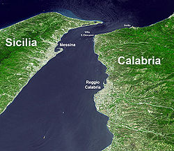 Image satellite du détroit de Messine.