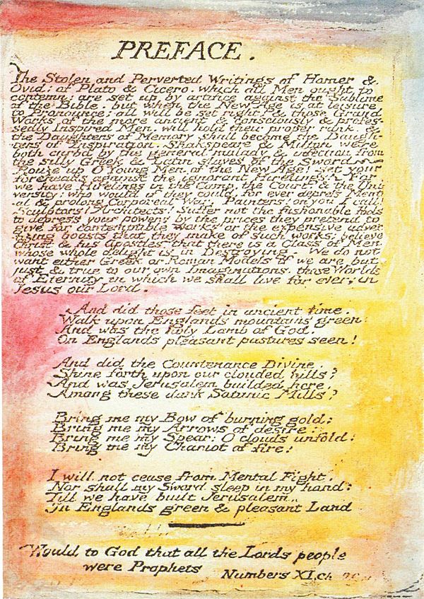 The preface to Milton, as it appeared in Blake's own illuminated version