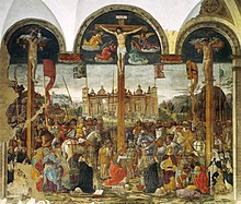 Crucifixion by Giovanni Donato da Montorfano, 1495, opposite Leonardo's Last Supper Montorfano, crocifissione, 1497, con interventi di leonardo nei ritratti dei duchi.jpg