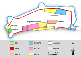 Plano de un solar castral indicando el período de construcción de cada edificio.