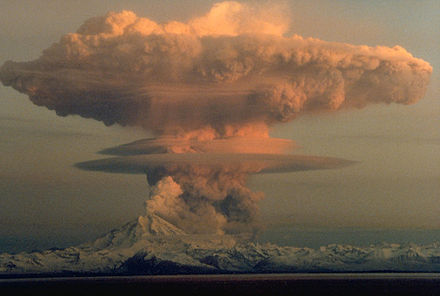 Ash plume rising from Mount Redoubt after an eruption on April 21, 1990