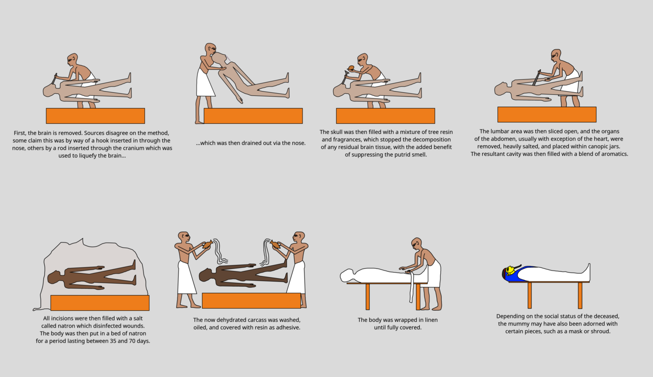 Typowa procedura mumifikacji w starożytnym Egipcie, ilustracja udostępniona na licencji CC BY-ND 4.0, via Wikimedia Commons