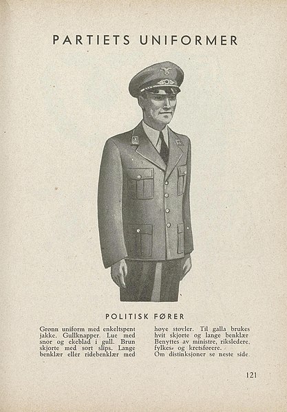 File:NS ÅRBOK 1944 Nasjonal Samling Rikspropagandaledelsen 1943 Nasjonalbiblioteket no-nb digitidsskrift 2019082781057 001 Public domain 121 Partiets uniformer Politisk fører (Norwegian Nazi Party uniform WW2) 400ppi.jpg