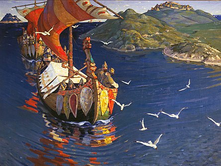 Guests from Overseas (1901) by Nicholas Roerich, depicting a Viking raid. (Varangians in Rus')