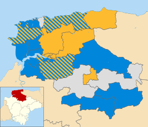 Map of the results of the 2007 North Devon council election. Conservatives in blue, Liberal Democrats in yellow and independent in grey. North Devon UK local election 2007 map.svg