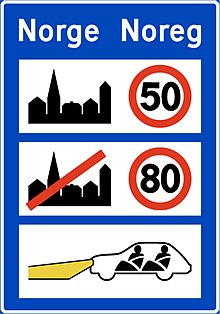 Informational sign at the Norwegian border depicting general speeds limits and, mandatory DRLs and seat belts. Norwegian Road Sign 560 1.jpg