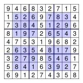 The previous puzzle, solved with numbers in the blanks spaces.