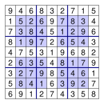 The previous puzzle, solved with numbers in the blanks spaces.