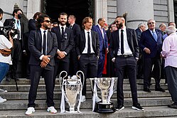 Modric in a trophy presentation ceremony in front of Virgin of Almudena in May 2022 Ofrenda de la Liga y la Champions-56-L.Millan (52109788795).jpg